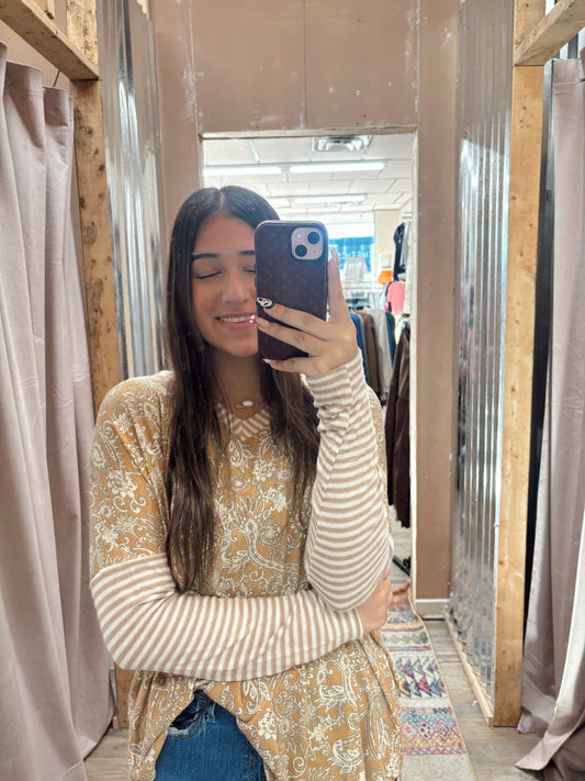 DB - Mustard Floral Long Sleeve Top With Striped Sleeves