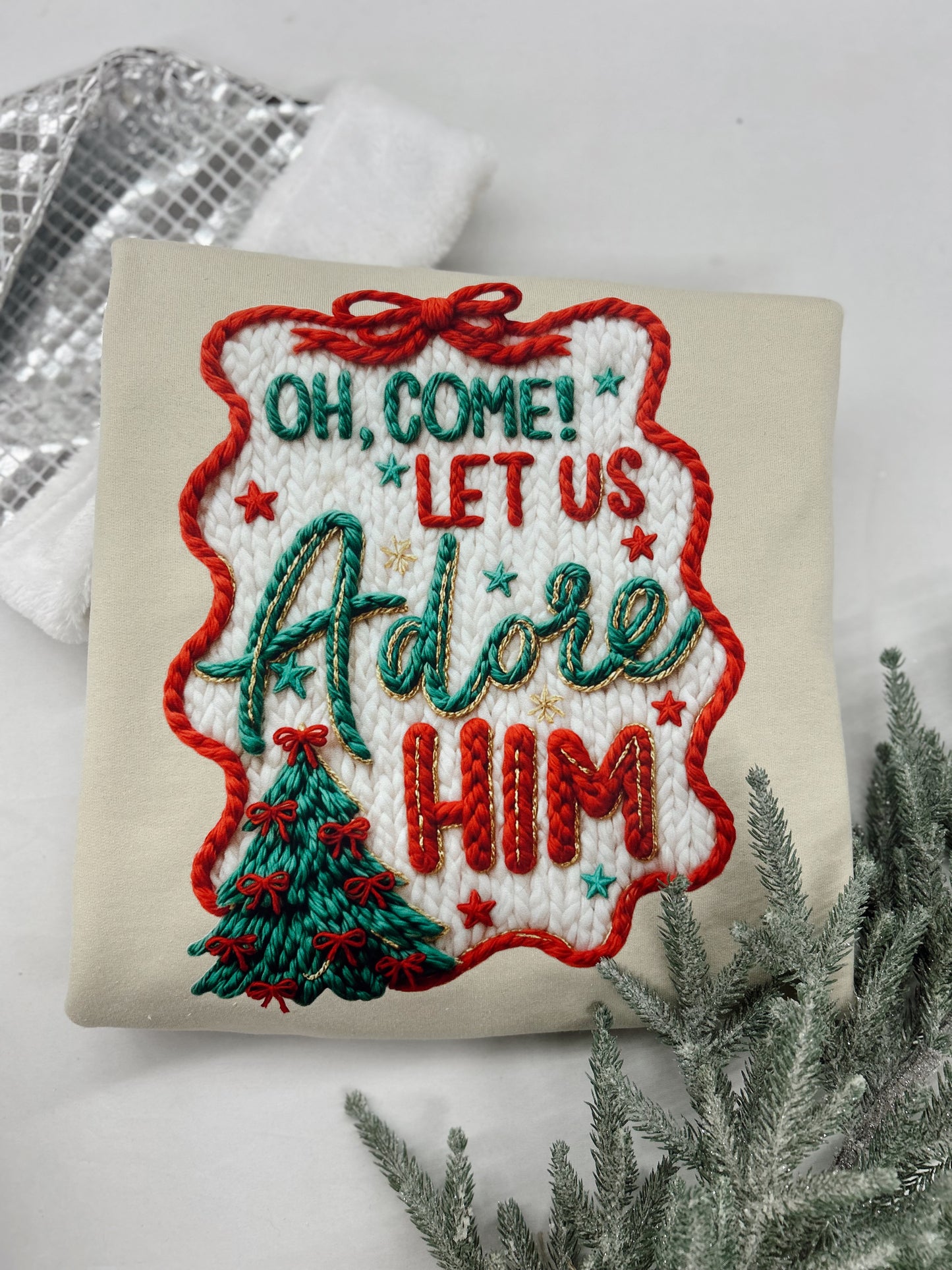 Oh Come Let Us Adore Him Crochet Graphic Tee (Front & Back)