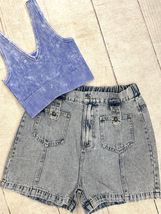 Wrong Way High Waisted Jean Shorts - Indigo