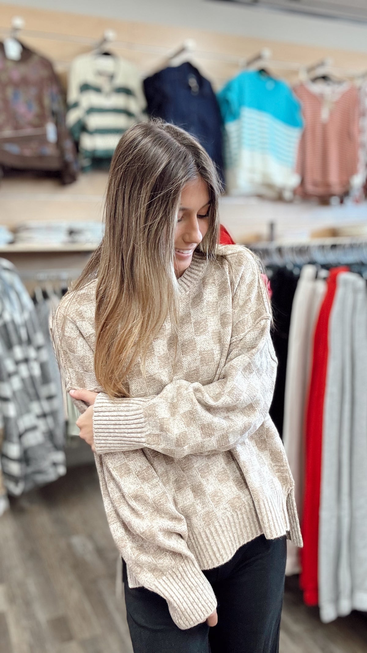 Pumpkin Patch Checkered Sweater - Mocha