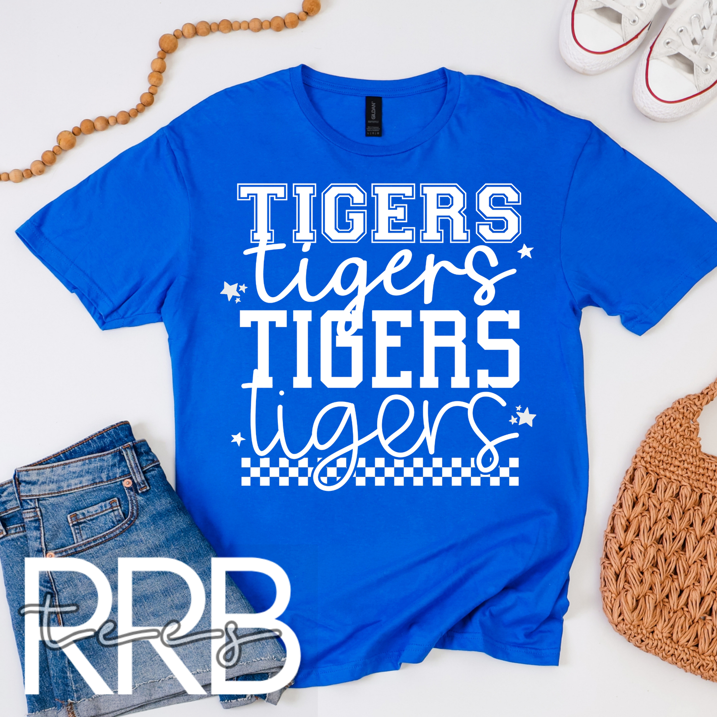 Tigers Alternating Checkered Stars Graphic Tee