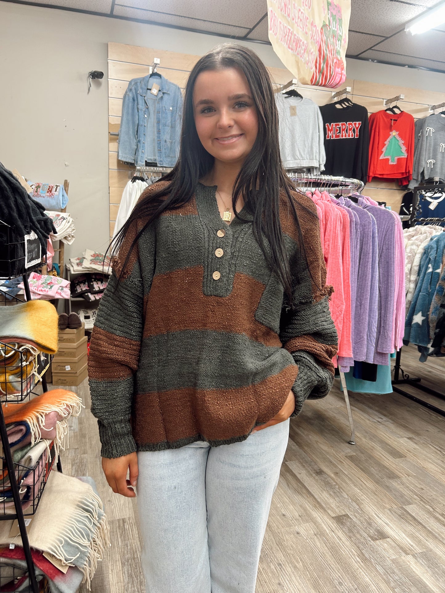 Daydreaming Striped Sweater - Olive