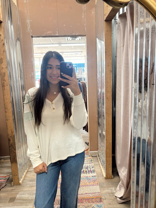 DB - Ivory & Sage 2 Button Long Sleeve Top
