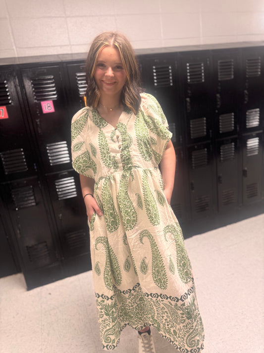 I'm In Trouble Now Paisley Midi Dress - Matcha