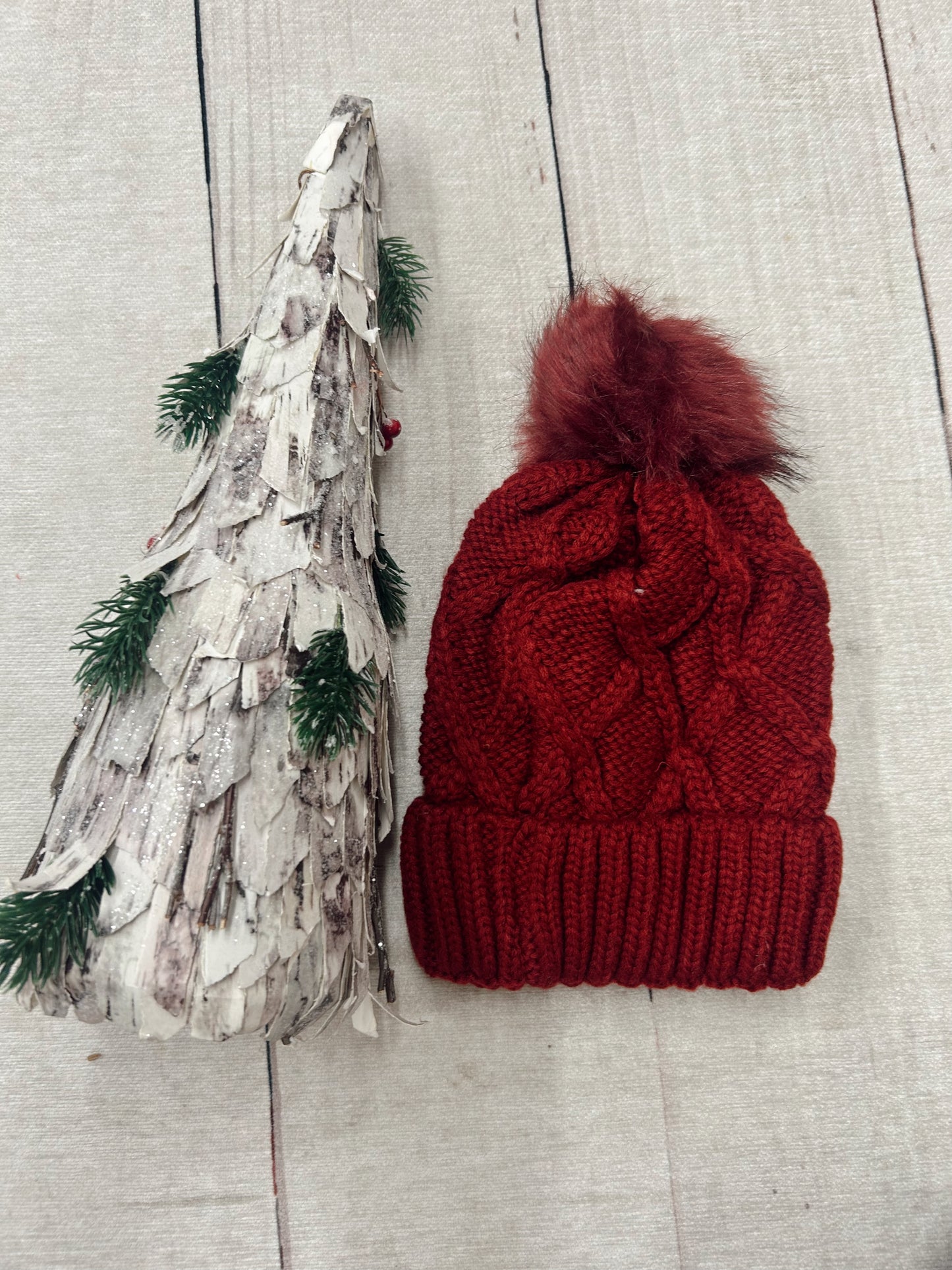 Thick Cable Knit Fleece Lined Beanie - Maroon