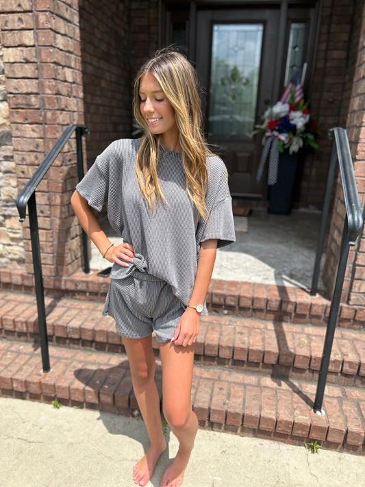 Silly Girl 2 Piece Ribbed Set - Grey