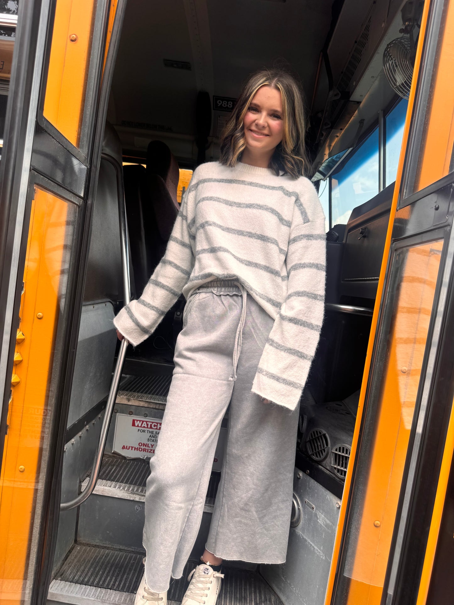 Front Roll Favorite Striped Sweater - Heather Grey