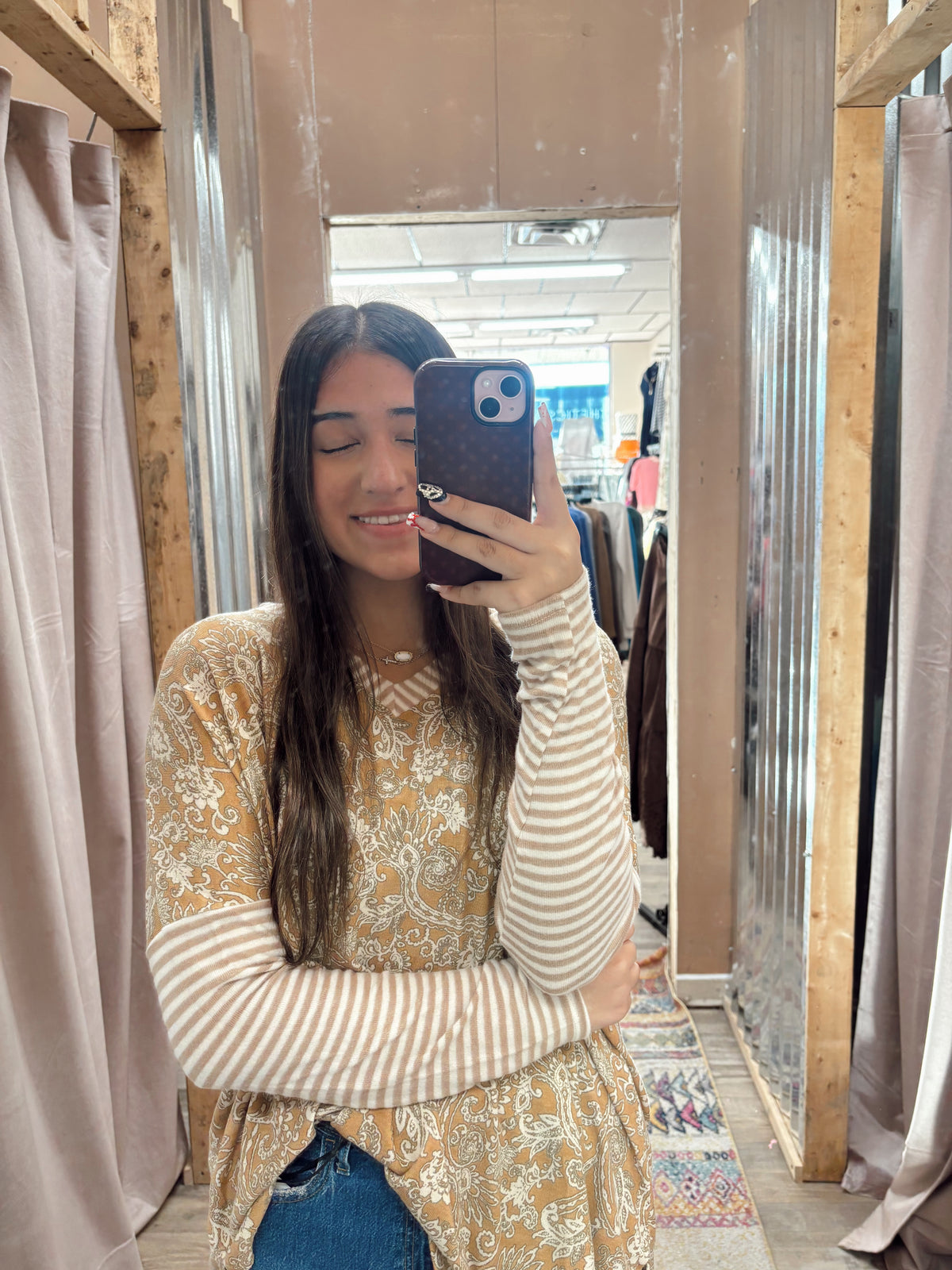 DB - Mustard Floral Long Sleeve Top With Striped Sleeves