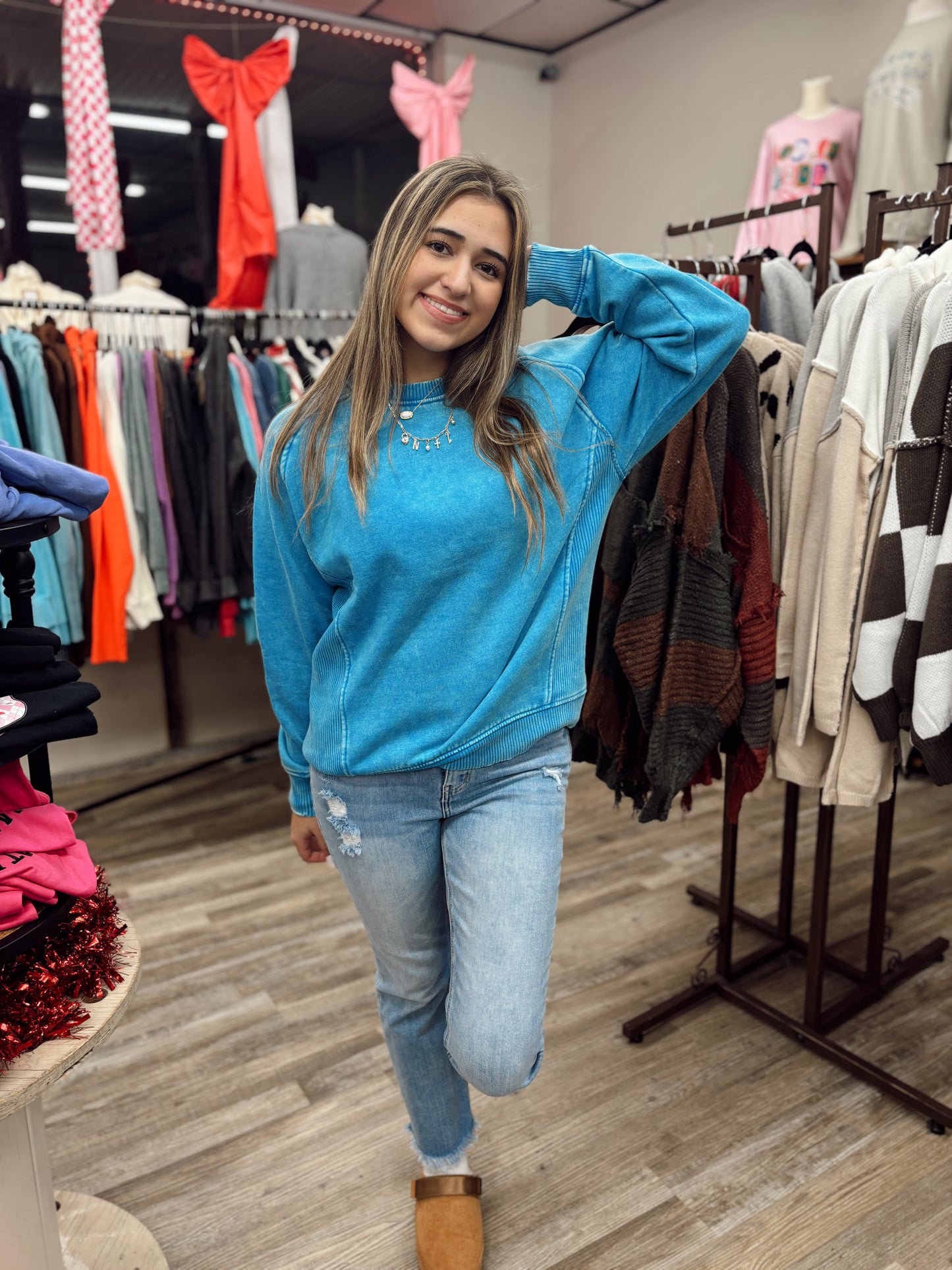 Warm Me Up Acid Wash Crewneck - Deep Sky