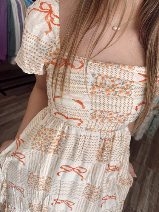 Blooms & Bows Midi Dress - Apricot