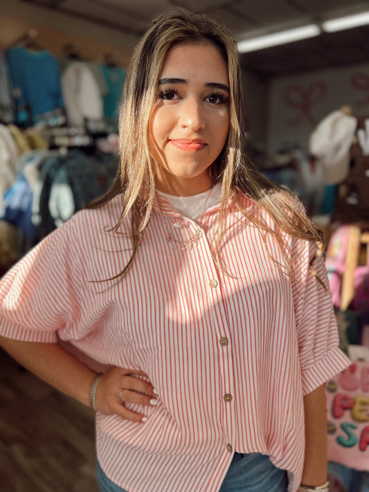 Wanderlust Striped Button Down Top - Red