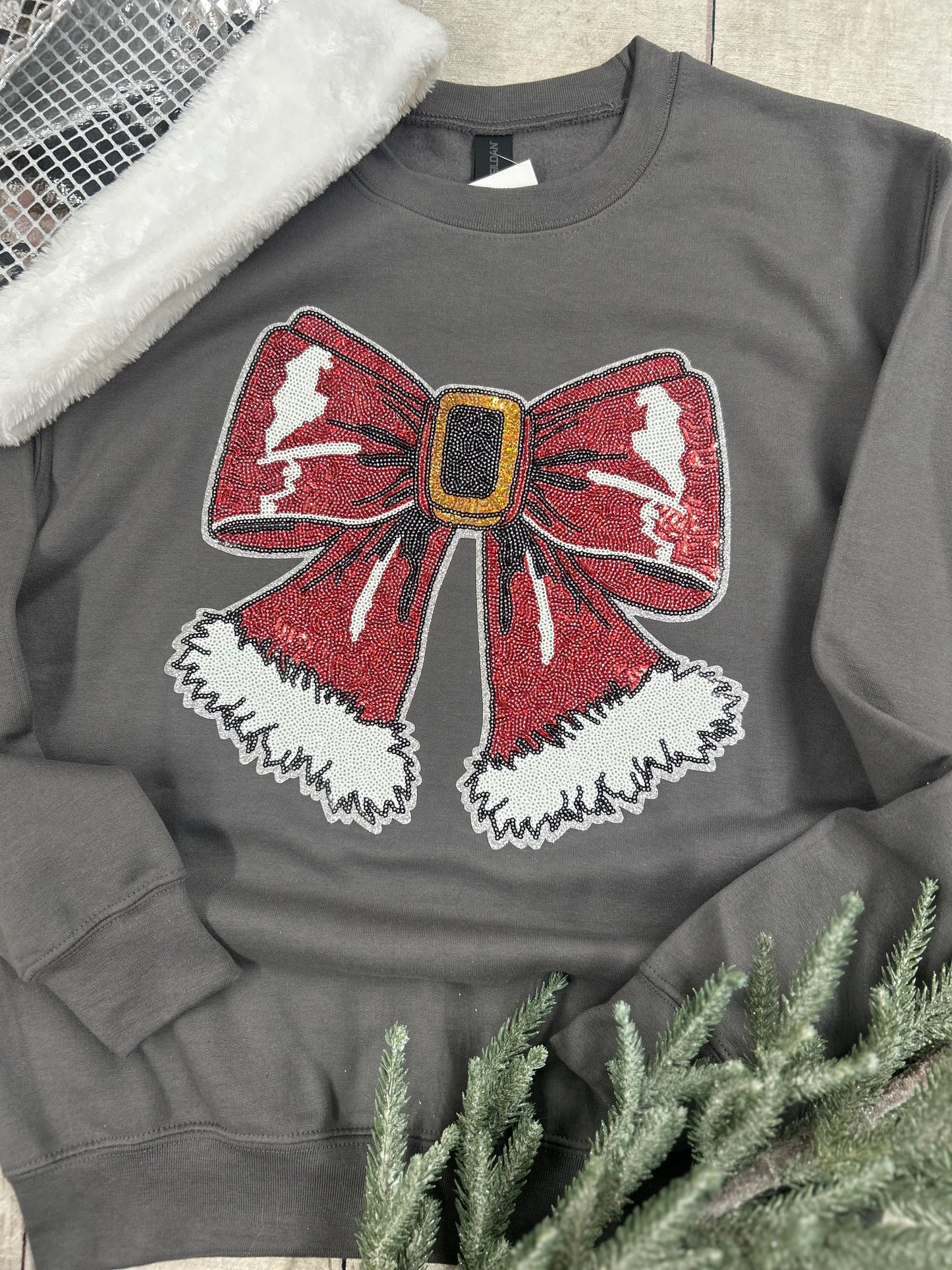 Santa Bow Sparkly Patch Sweatshirt
