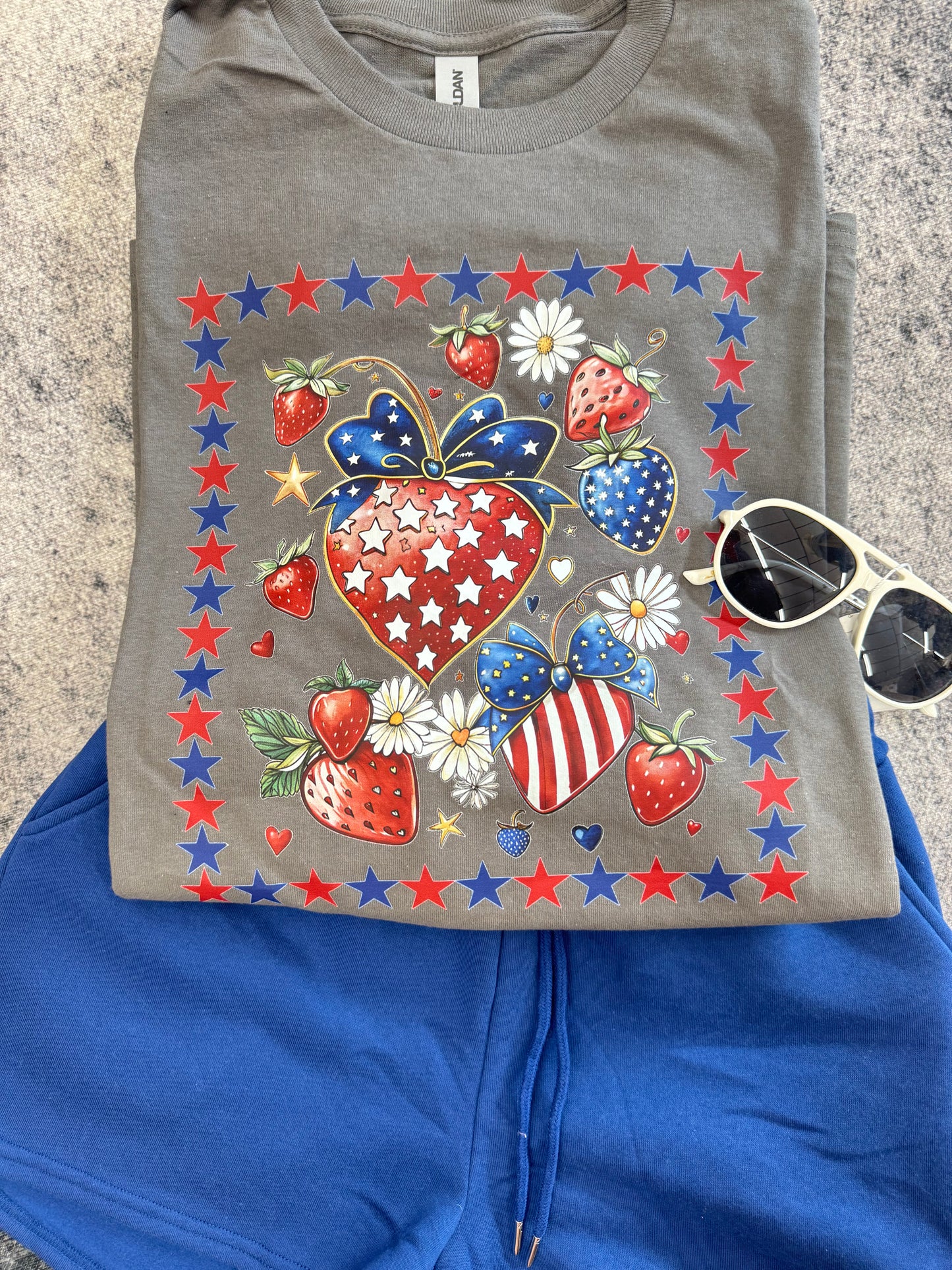 Patriotic Strawberry Graphic Tee-Gildan