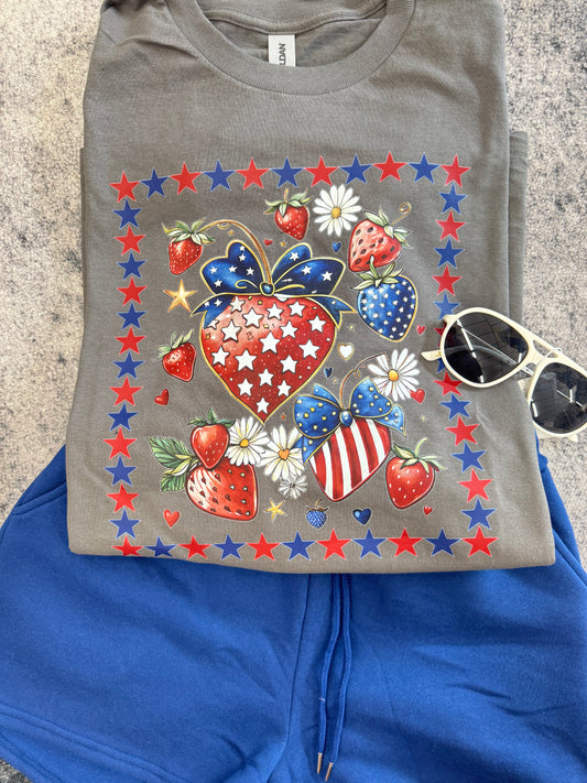Patriotic Strawberry Graphic Tee-Gildan