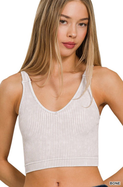 Washed Ribbed Cropped Seamless V-neck Brami - 6 Colors