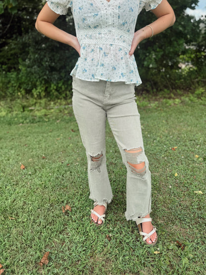 Jenny Acid Wash Distressed Jeans - Lt. Olive