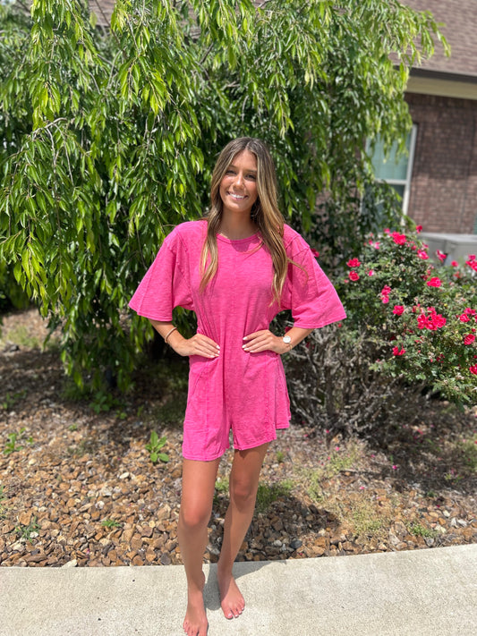 It's On Mineral Wash Romper - Hot Pink