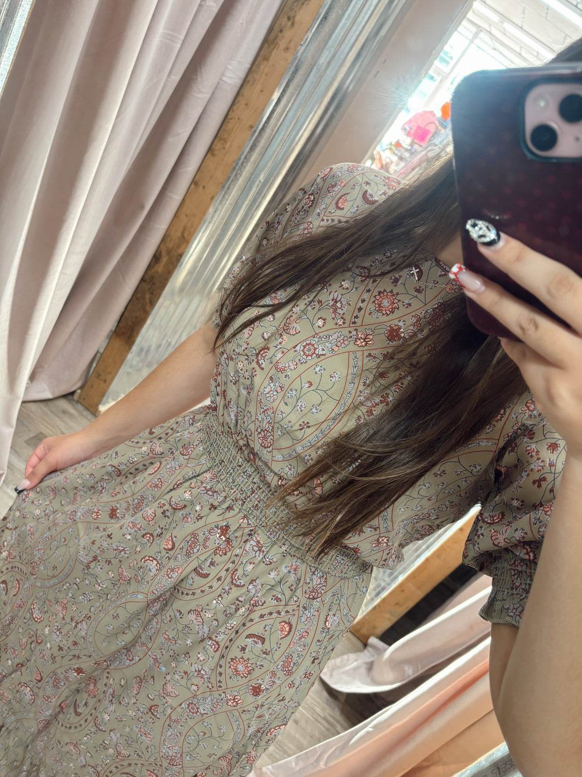 DB - Sage Floral Midi Dress Cinched Sleeves