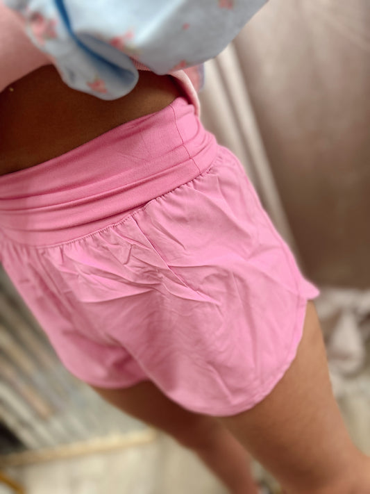 Work It Out Fold-Over Running Shorts - Candy Pink