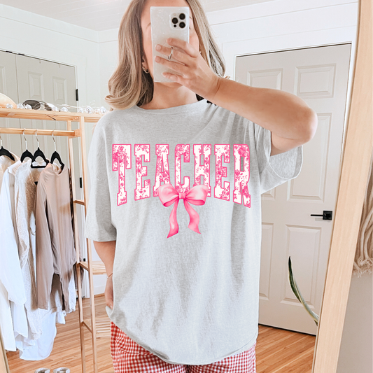 Teacher Floral Bow Pink Graphic Tee