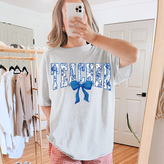 Teacher Floral Bow Blue Graphic Tee