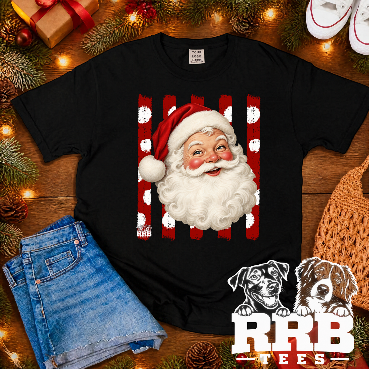 Happy Santa Polka Dot Stripes Graphic Tee
