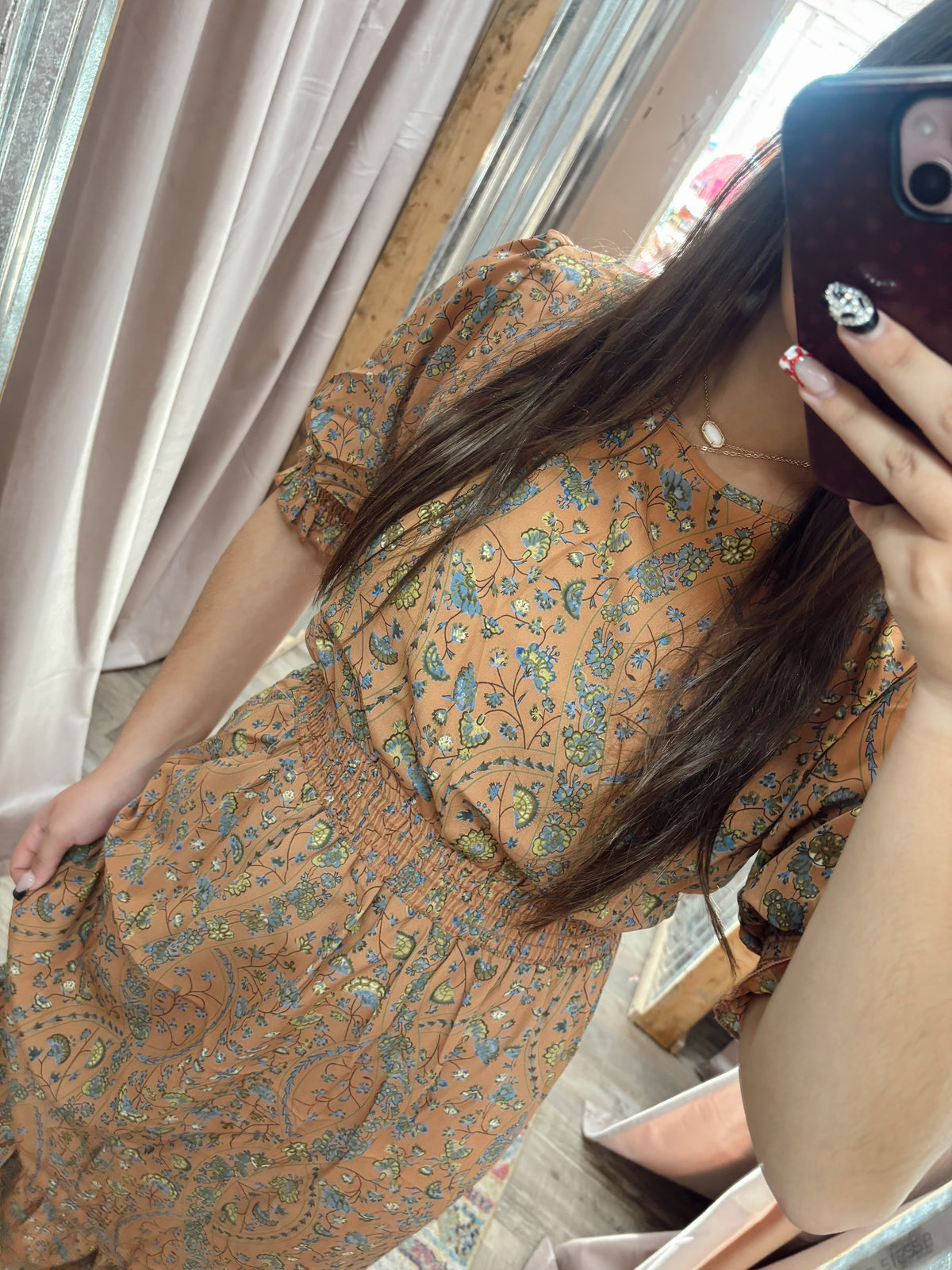 DB - Coral Floral Midi Dress Cinched Sleeves