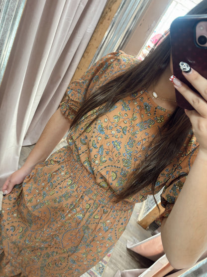 DB - Coral Floral Midi Dress Cinched Sleeves