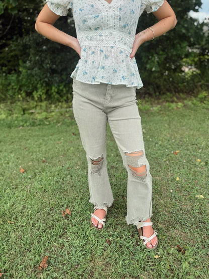 Jenny Acid Wash Distressed Jeans - Lt. Olive