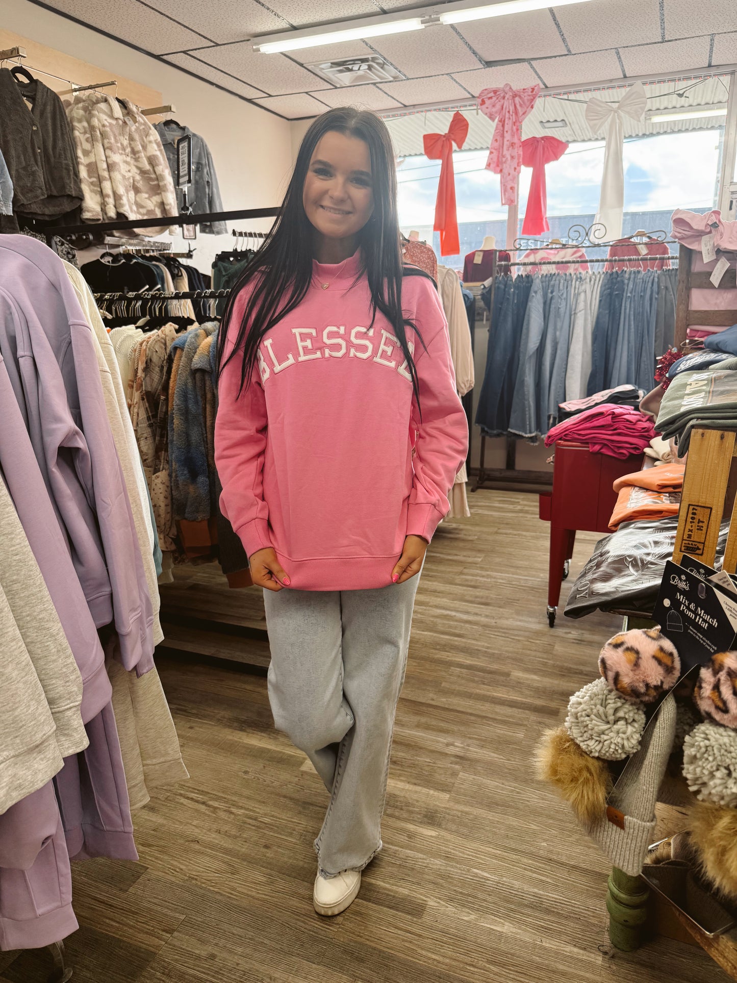 Blessed Embroidered Mock Neck Sweatshirt - Pink