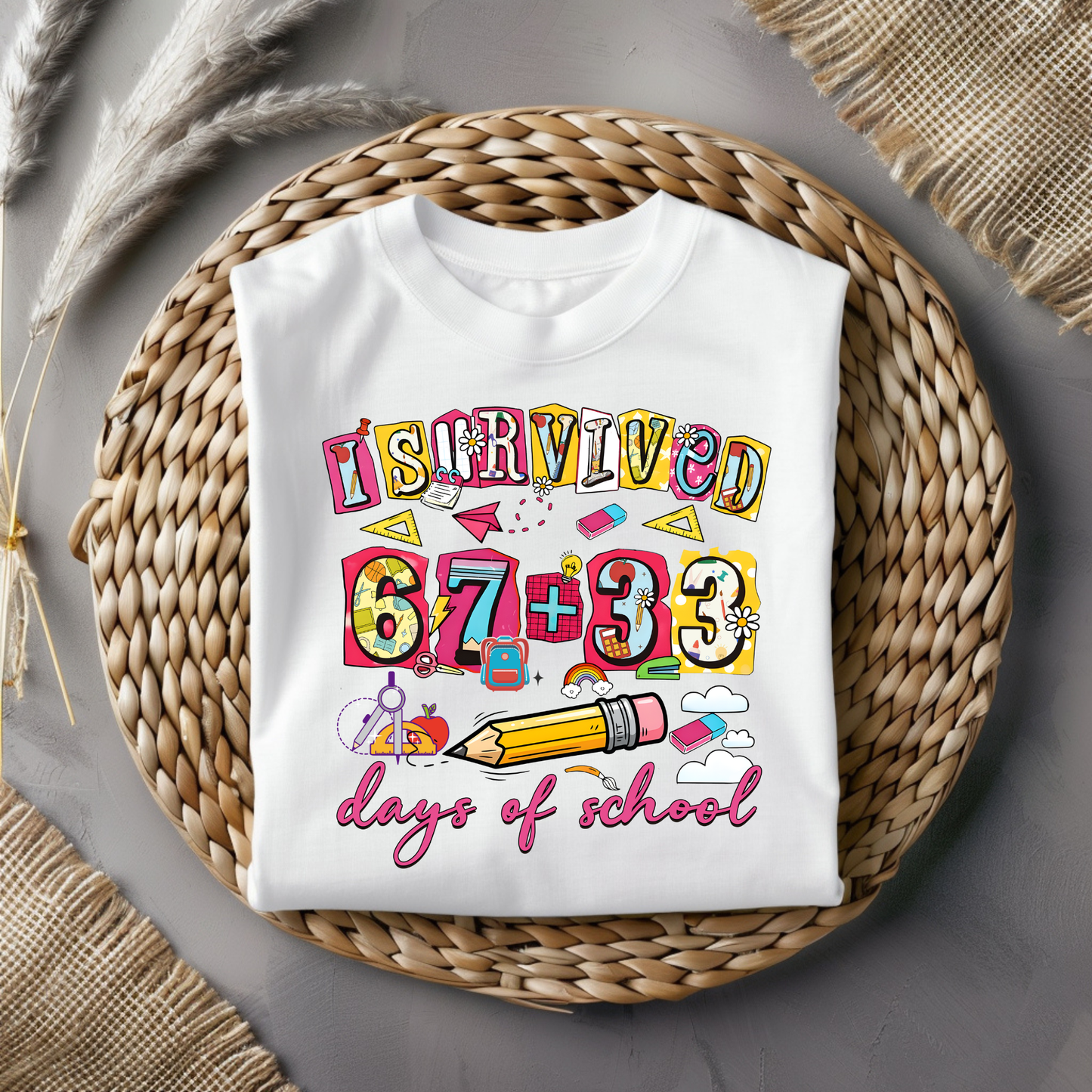 Pink I Survived 67+33 Days of School Graphic Tee