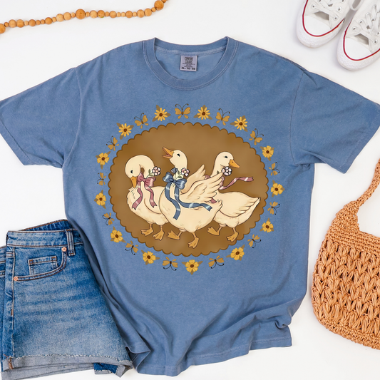 3 Geese Butterflies & Flowers Graphic Tee