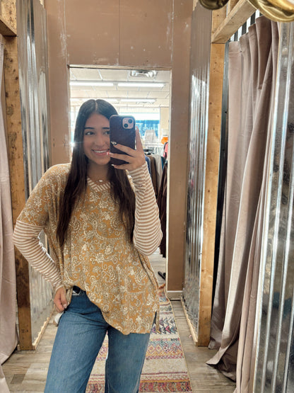 DB - Mustard Floral Long Sleeve Top With Striped Sleeves