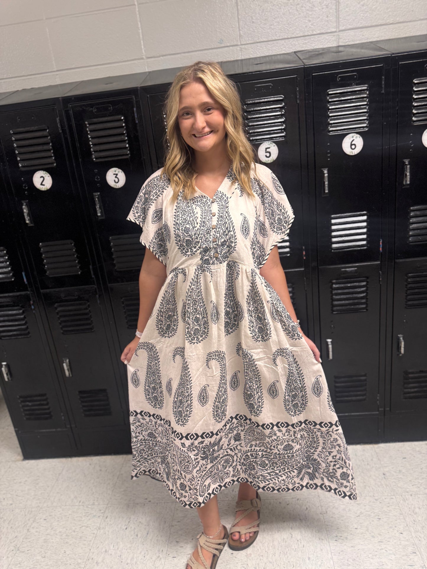 I'm In Trouble Now Paisley Midi Dress - Grey