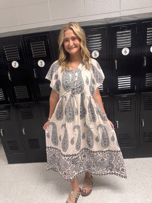 I'm In Trouble Now Paisley Midi Dress - Grey