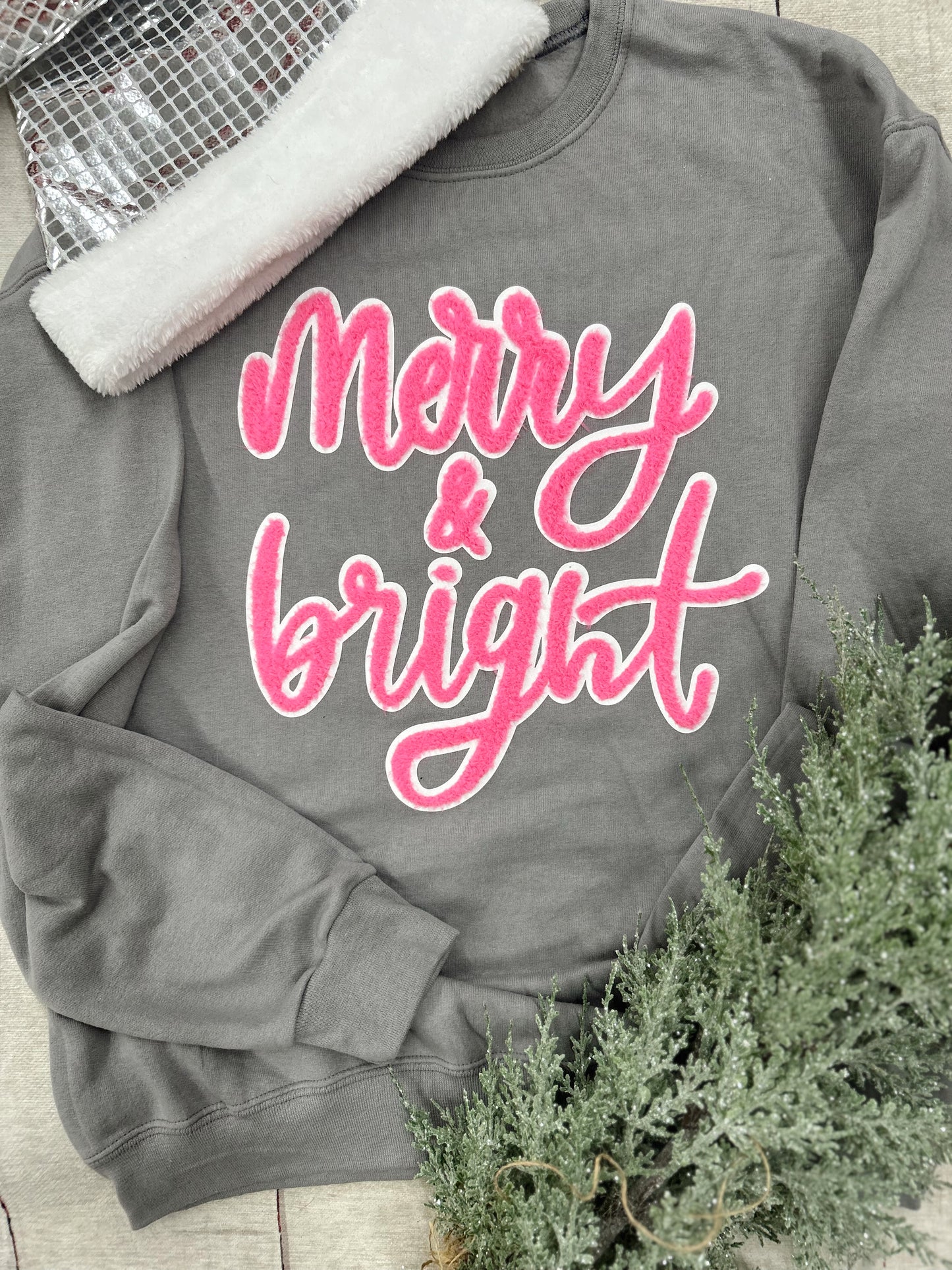 Merry & Bright Grey Chenille Sweatshirt