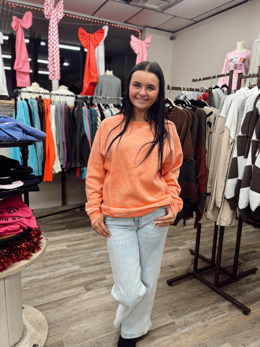 Warm Me Up Acid Wash Crewneck - Coral