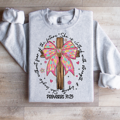Cross with Bow Proverbs 31:25 Graphic Tee