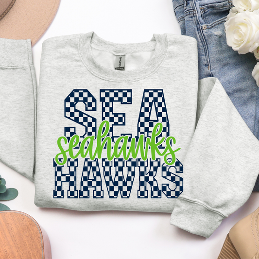 Checkered Seahawks with Cursive Graphic Tee