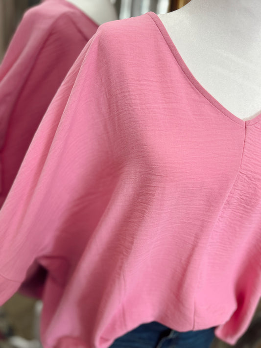 DOORBUSTER WOVEN V-NECK TOP - Candy Pink