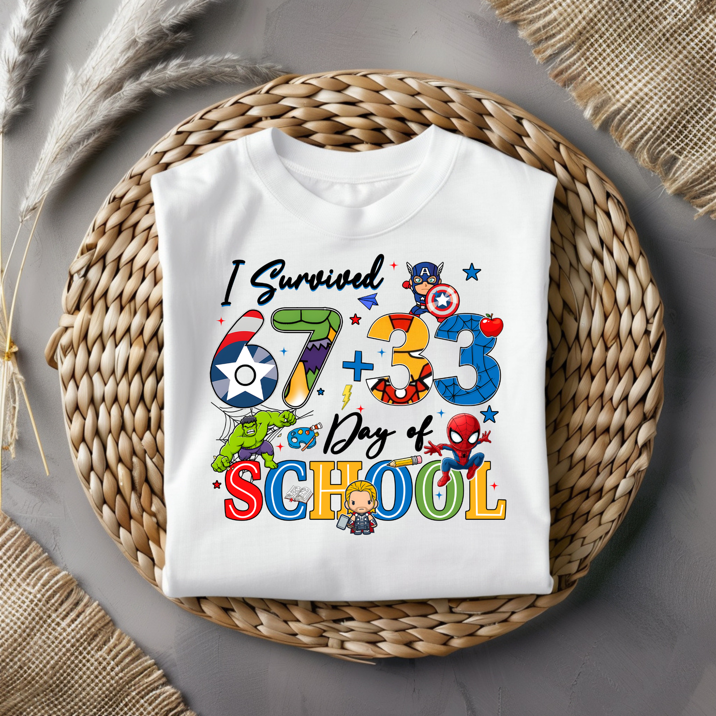 Superhero I Survived 67+33 Days of School Graphic Tee