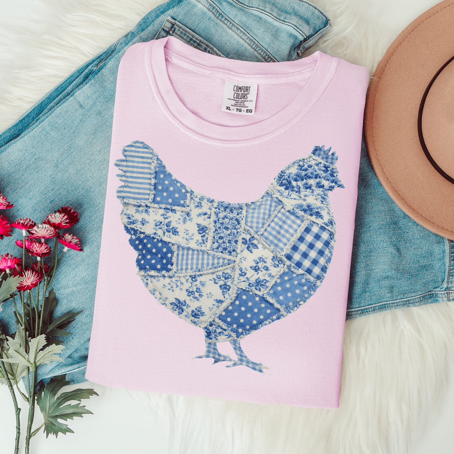 Stitched Patchwork Blue Chicken Graphic Tee