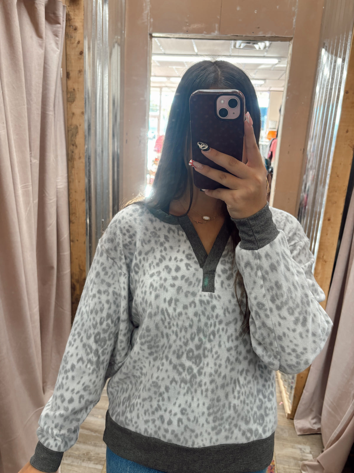 DB - Grey Cheetah Long Sleeve V-Neck