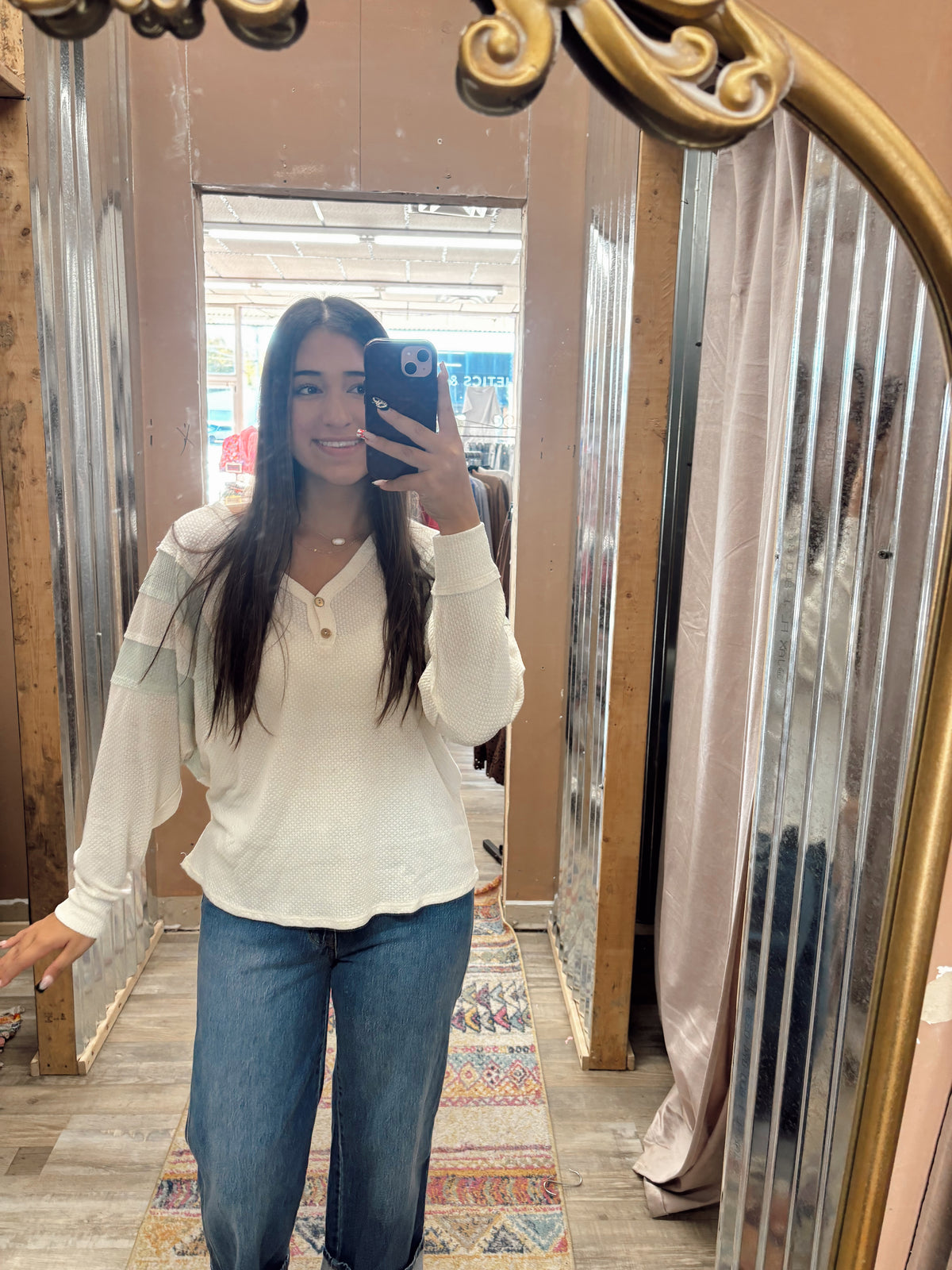DB - Ivory & Sage 2 Button Long Sleeve Top