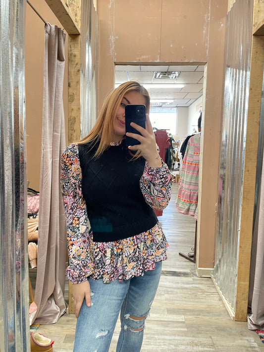 Good For You Contrast Floral Sleeve Top