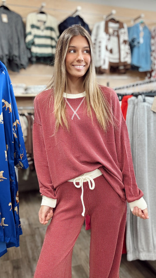 Match Made Ribbed 2 Piece Set - Burgundy
