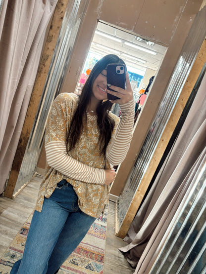 DB - Mustard Floral Long Sleeve Top With Striped Sleeves