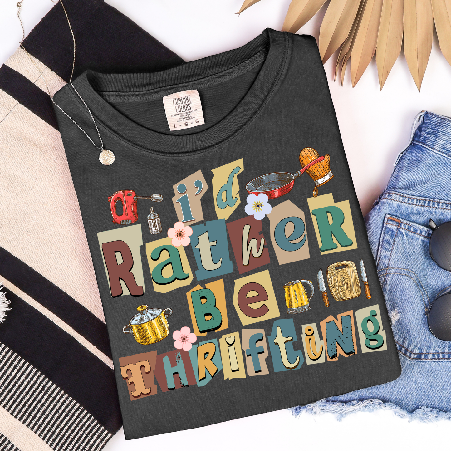 I'd Rather Be Thrifting Magazine Letters Vintage Elements Graphic Tee