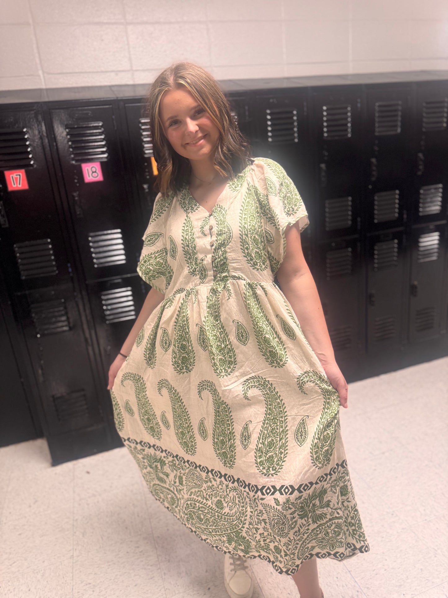 I'm In Trouble Now Paisley Midi Dress - Matcha