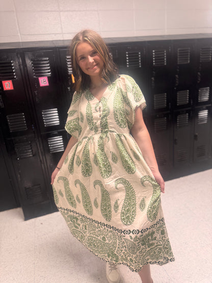 I'm In Trouble Now Paisley Midi Dress - Matcha
